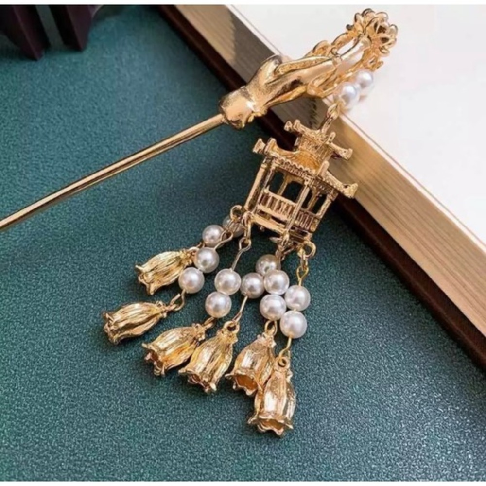 Pagoda Lantern Hair Stick Women OS Gold Excellent Dangle Pearl‎ Tassel Hanfu